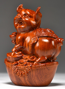 花梨木雕福猪十二生肖三合动物家居客厅创意摆设红木工艺礼品