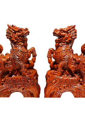 花梨木雕麒麟摆件实木质家居客厅电视柜玄关办公室寓意装饰工艺品