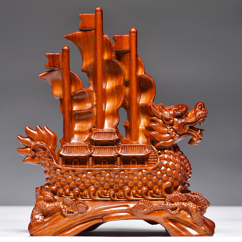 花梨木雕一帆风顺帆船摆件工艺品实木小J木船办公室装饰小摆设礼