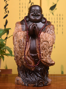 黑檀实木雕刻弥勒佛根雕摆件大号笑佛工艺品红木家居玄关装饰送礼