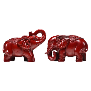 红色实木质大象摆件一对象木雕小象客厅桌面家居装饰红木质工艺品