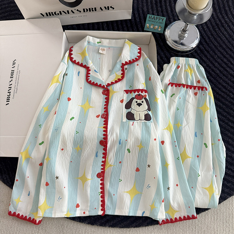 睡衣女孩春秋季长袖云朵棉高中生天蓝色姐弟深蓝色冬天空调服儿童