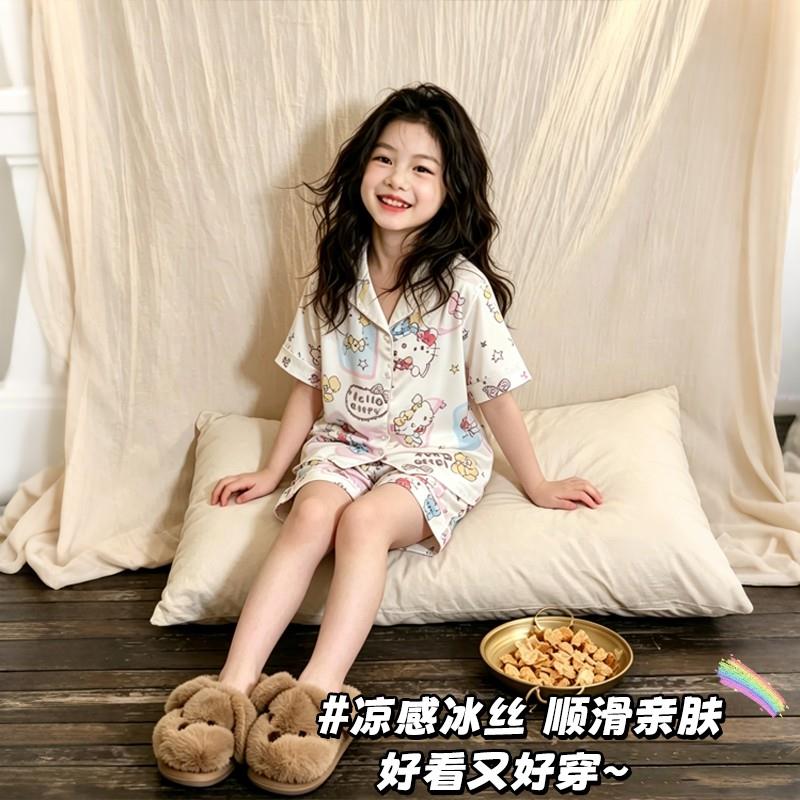 睡衣夏季女孩儿童女童翻领薄款冰丝休闲九居家六家居裤五周岁春装