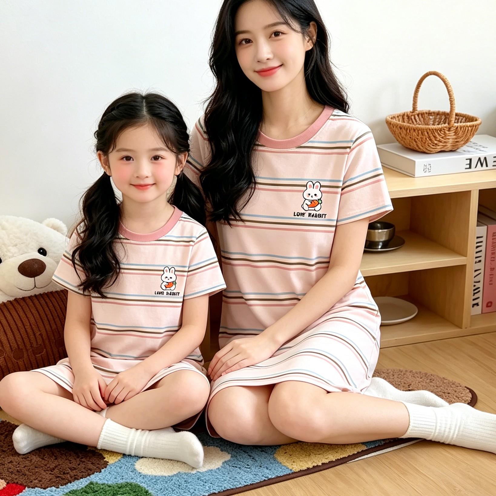 女童睡裙夏季薄款纯棉亲子睡衣儿童母女女孩樱桃猫咪十二周岁六岁