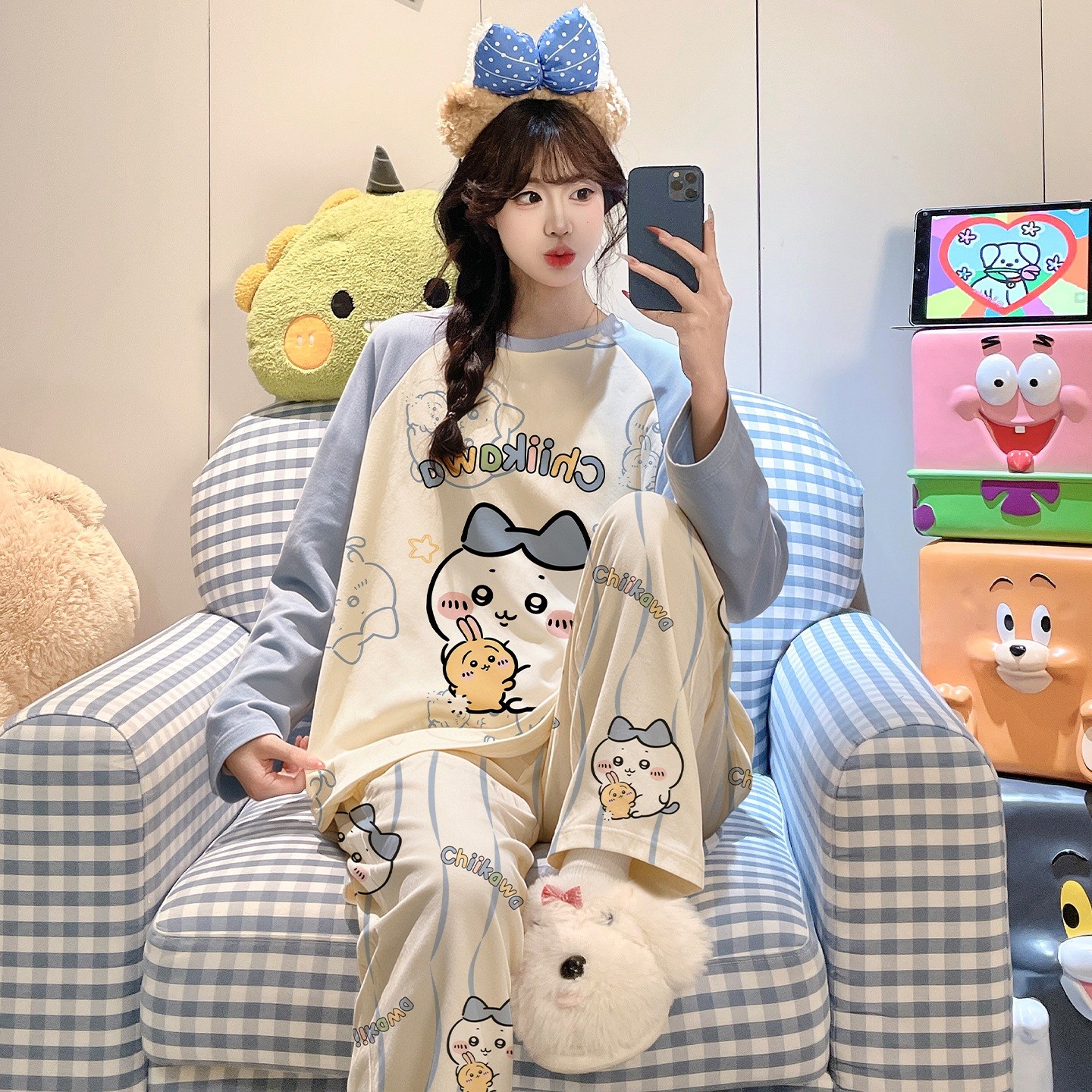 儿童睡衣女孩纯棉长袖春秋季春外穿女童蓝色空调服冬天韩版七周岁