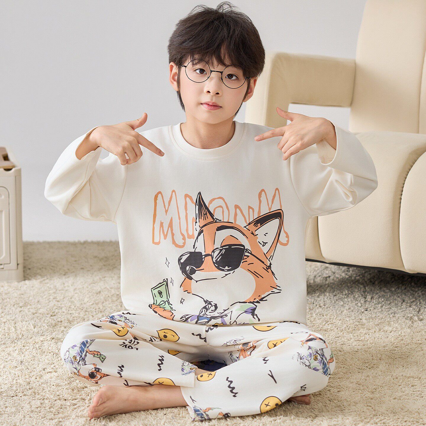 儿童睡衣纯棉长袖男童空调服冬天黄白色青少年秋外穿潮男孩春秋季