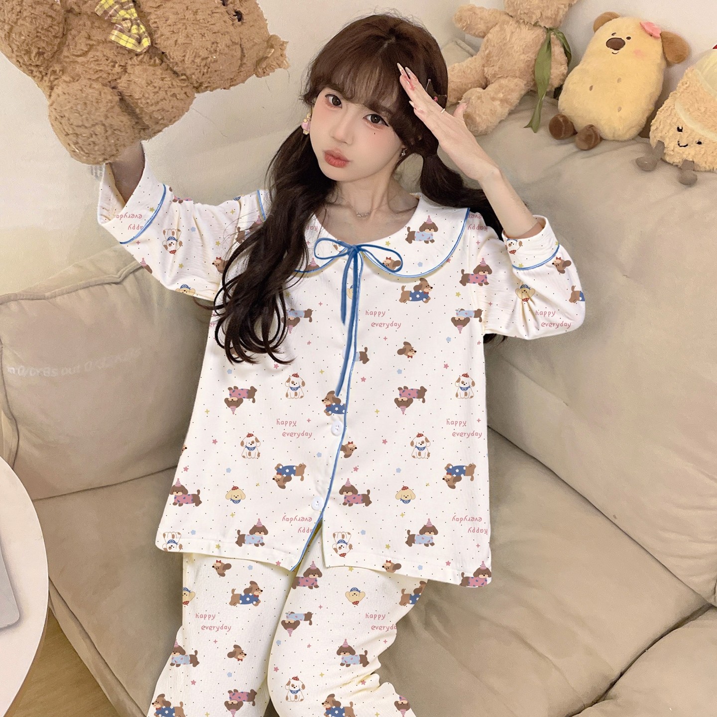 睡衣女款女孩翻领十五三岁儿童冬云朵棉春秋季薄款空调服长袖翻领