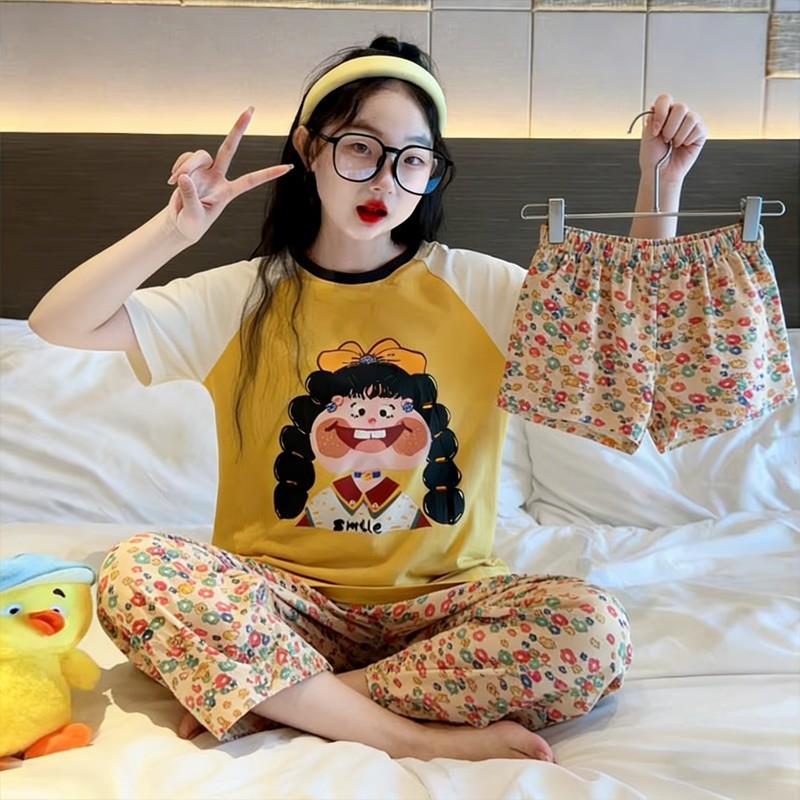 女童睡衣夏季薄款三件套女孩八岁空调房长裤儿童短袖小童十二休闲