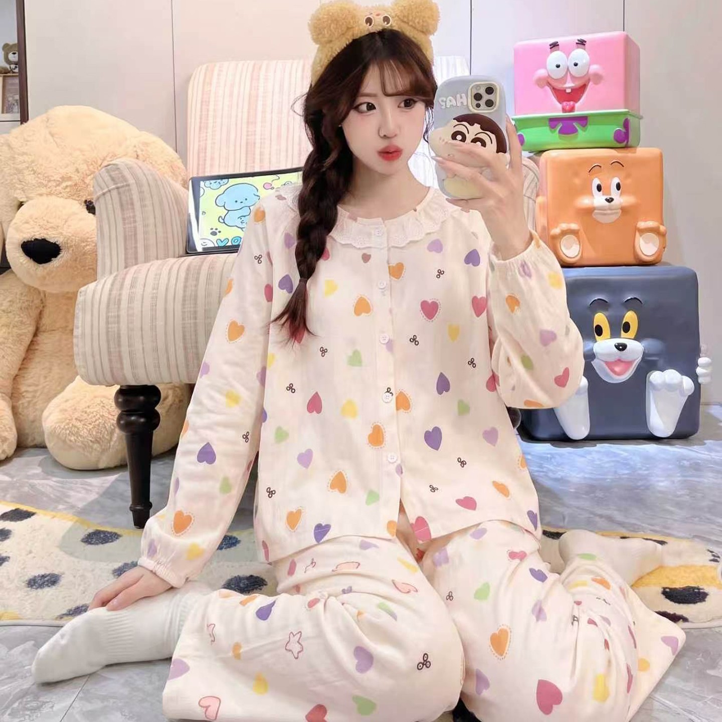 睡衣女款女孩潮长裤儿童冬云朵棉春秋季薄款空调服长袖翻领大童