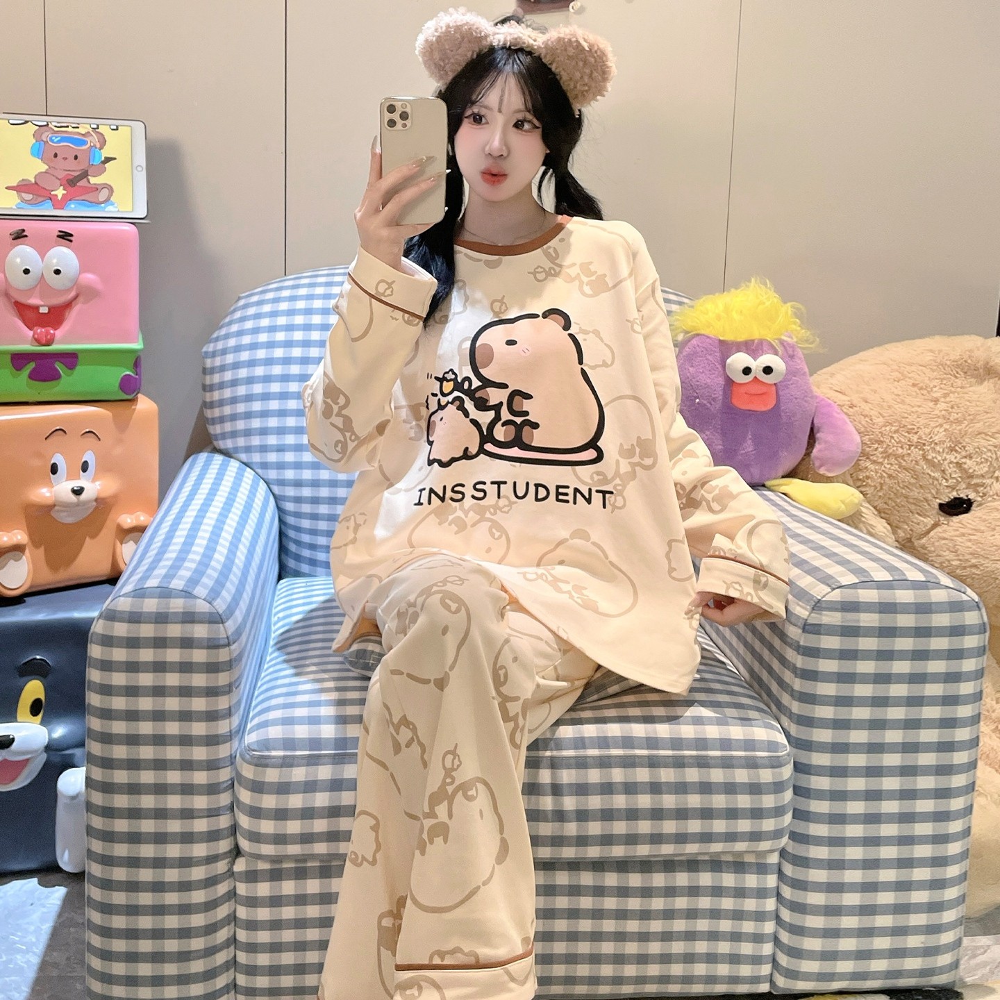 儿童睡衣女孩纯棉长袖春秋季女童冬天蓝色空调服五周岁韩版居家款