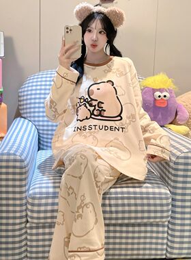 儿童睡衣女孩纯棉长袖春秋季女童冬天蓝色空调服五周岁韩版居家款