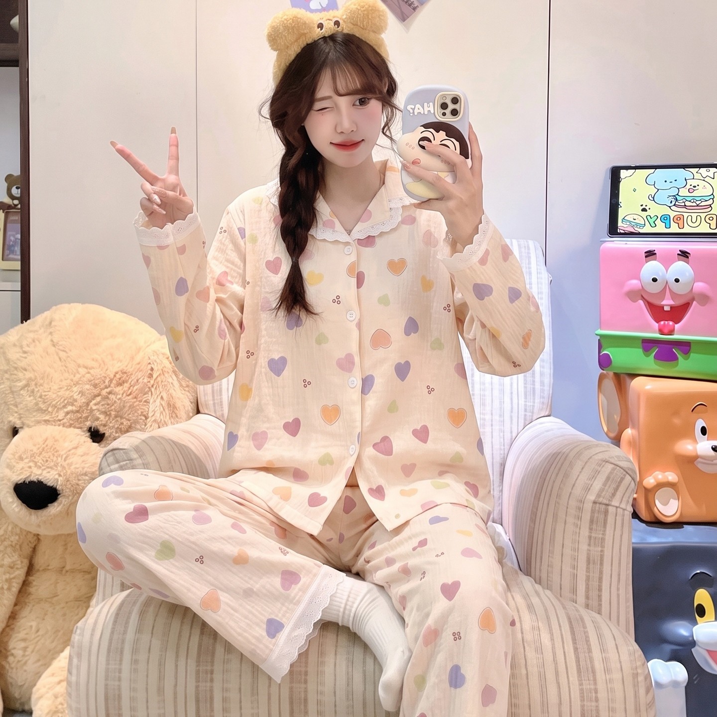 睡衣女款女孩可爱儿童薄款可爱猫空调服长袖冬云朵棉春秋季学生潮