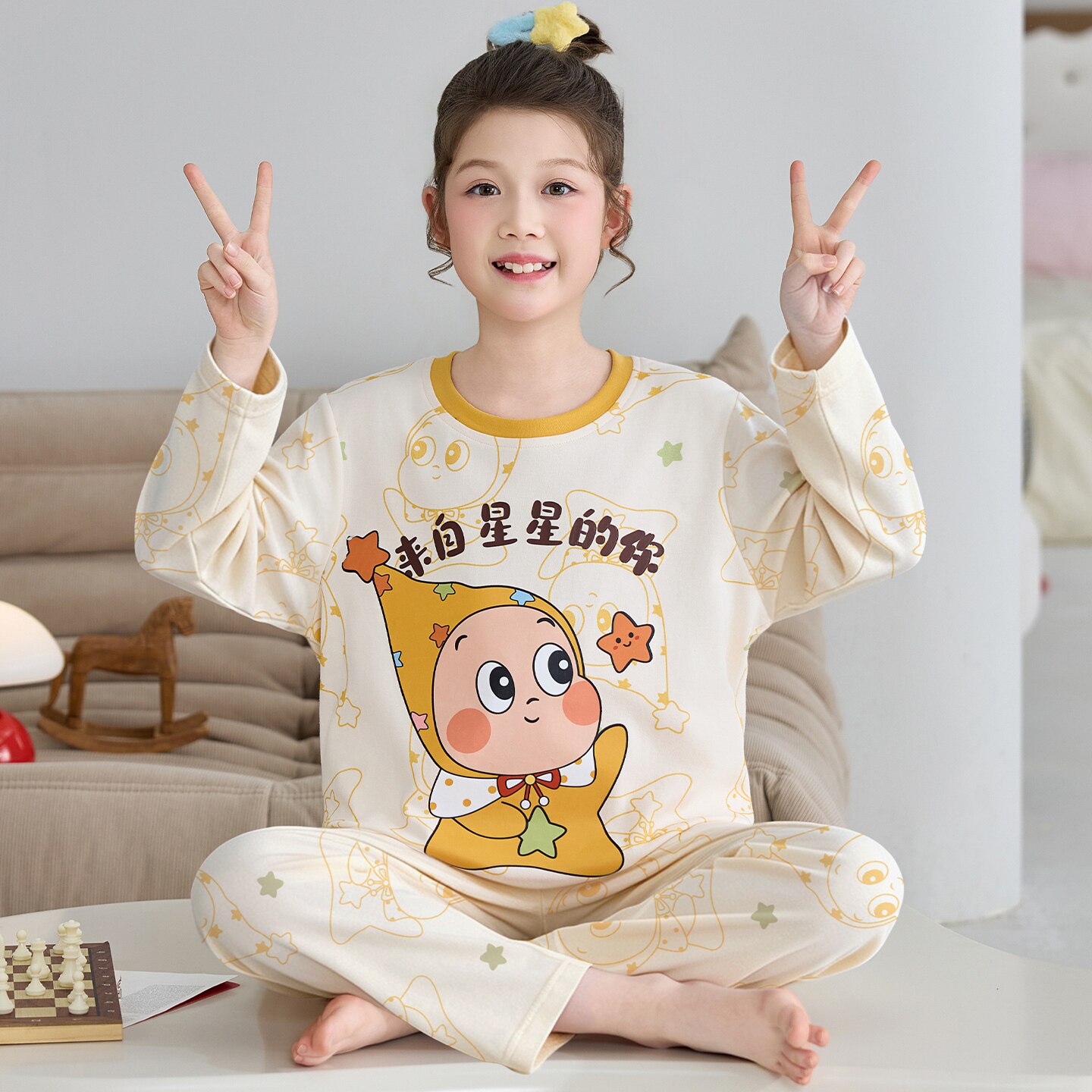 睡衣女孩纯棉春秋季长袖女童冬天橘红色姐姐两姐姐六岁潮空调儿童