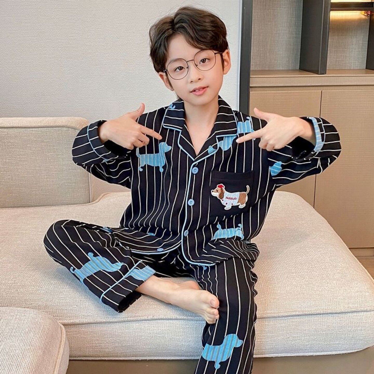 睡衣男孩云感棉春秋季潮男童冬天空调服冬天男童深蓝色空调服儿童