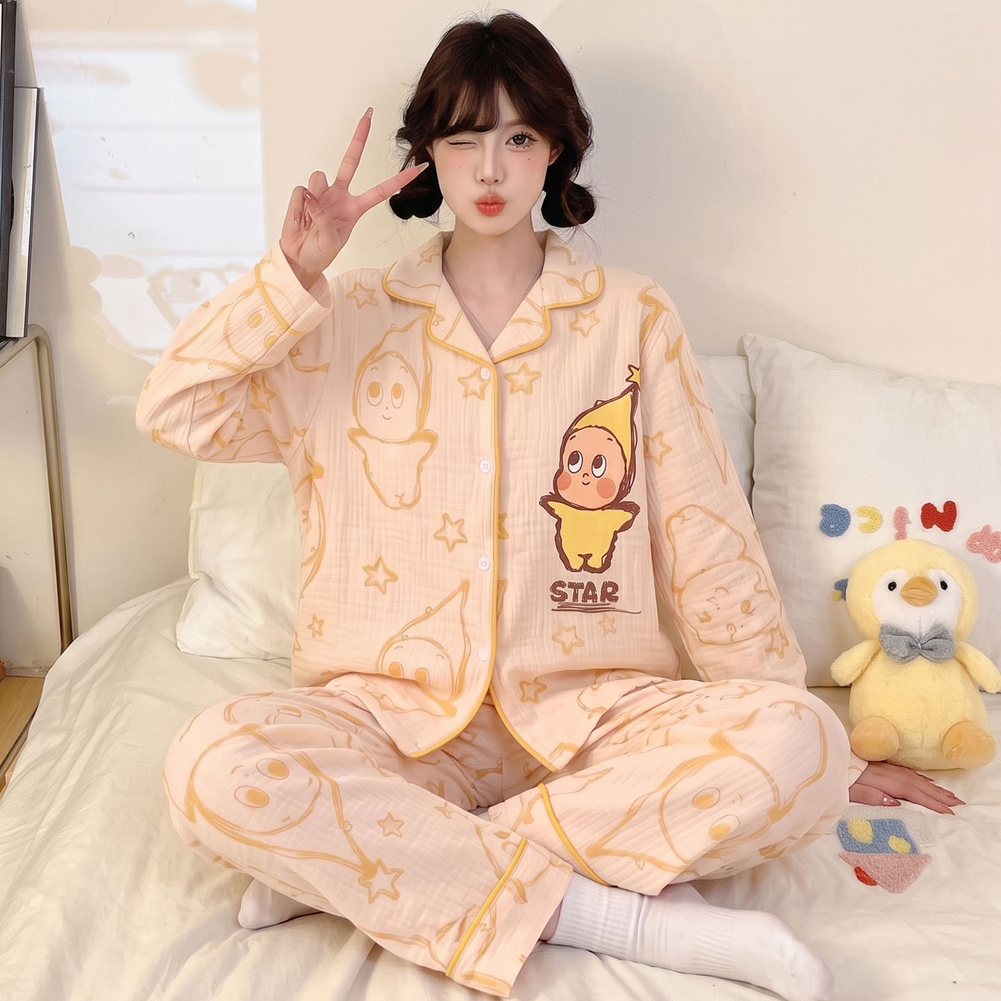 睡衣女款女孩六周岁儿童爱心春秋季云朵棉长袖空调服薄款冬十三岁