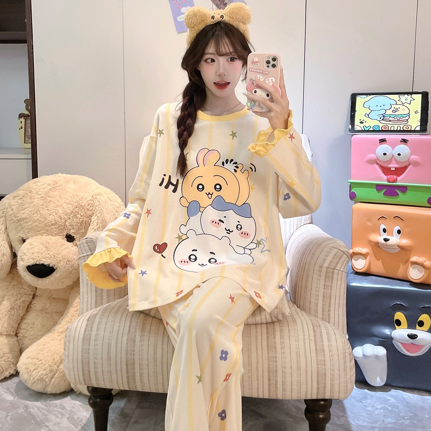儿童睡衣女孩纯棉长袖春秋季女童空调服灰色冬天三周岁胖大童长裤