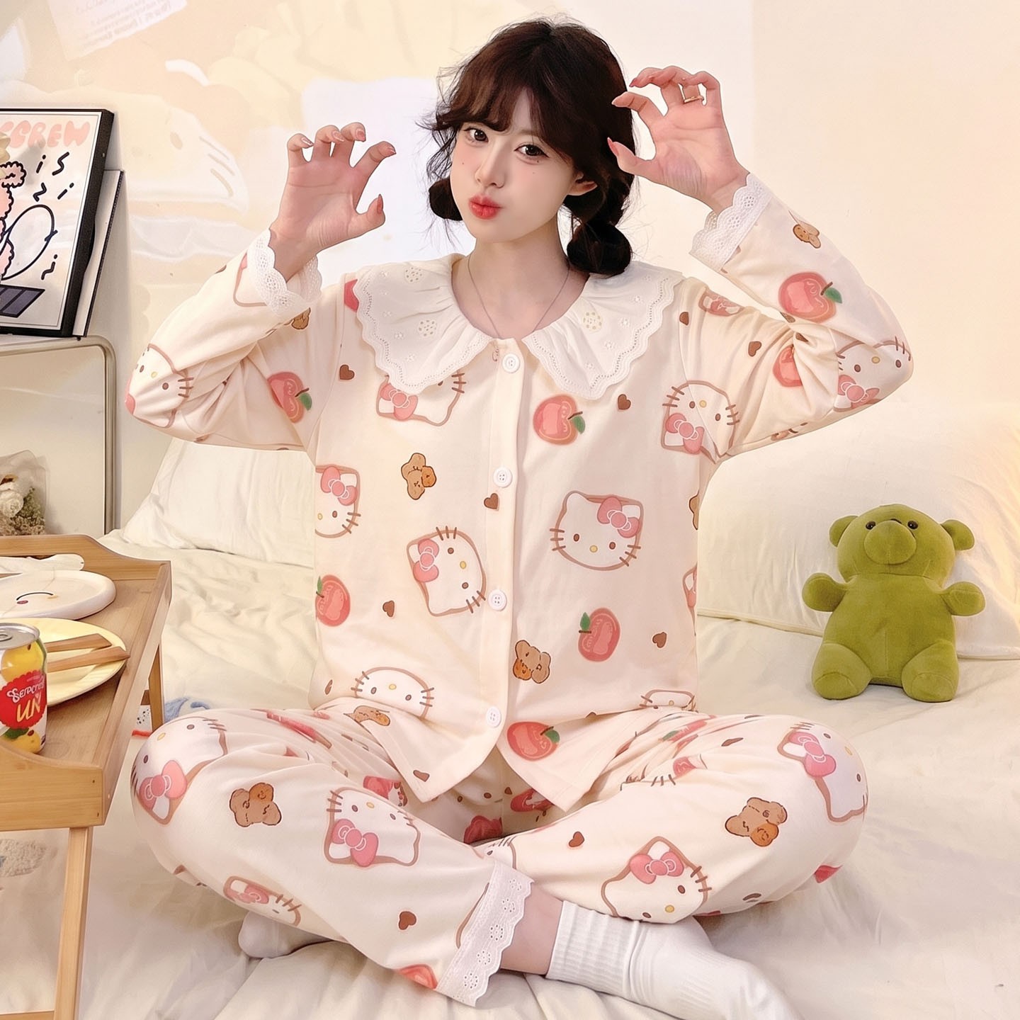 睡衣女款女孩潮少女儿童长袖小灰猫云朵棉冬空调服薄款春秋季小学