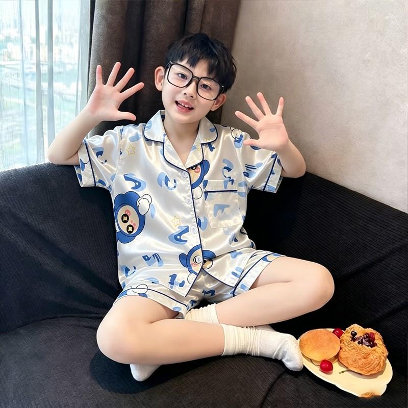 睡衣夏季男孩秋外穿十五周岁兄弟男童儿童冰丝薄款翻领男宝宝姐弟