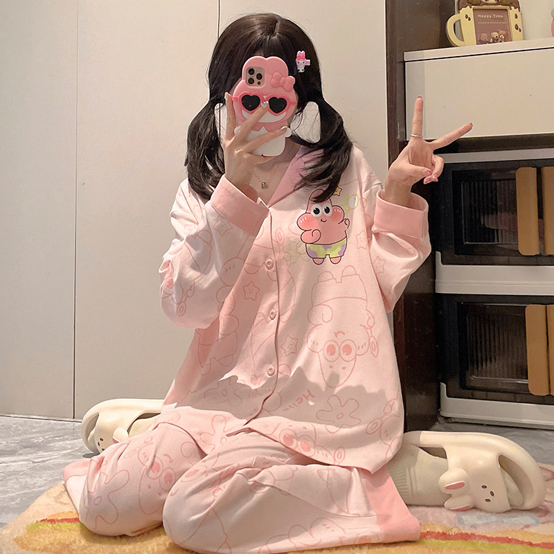 裤子潮女孩卡通猫儿童长袖睡衣女童纯棉冬天春秋季空调宽松家居服