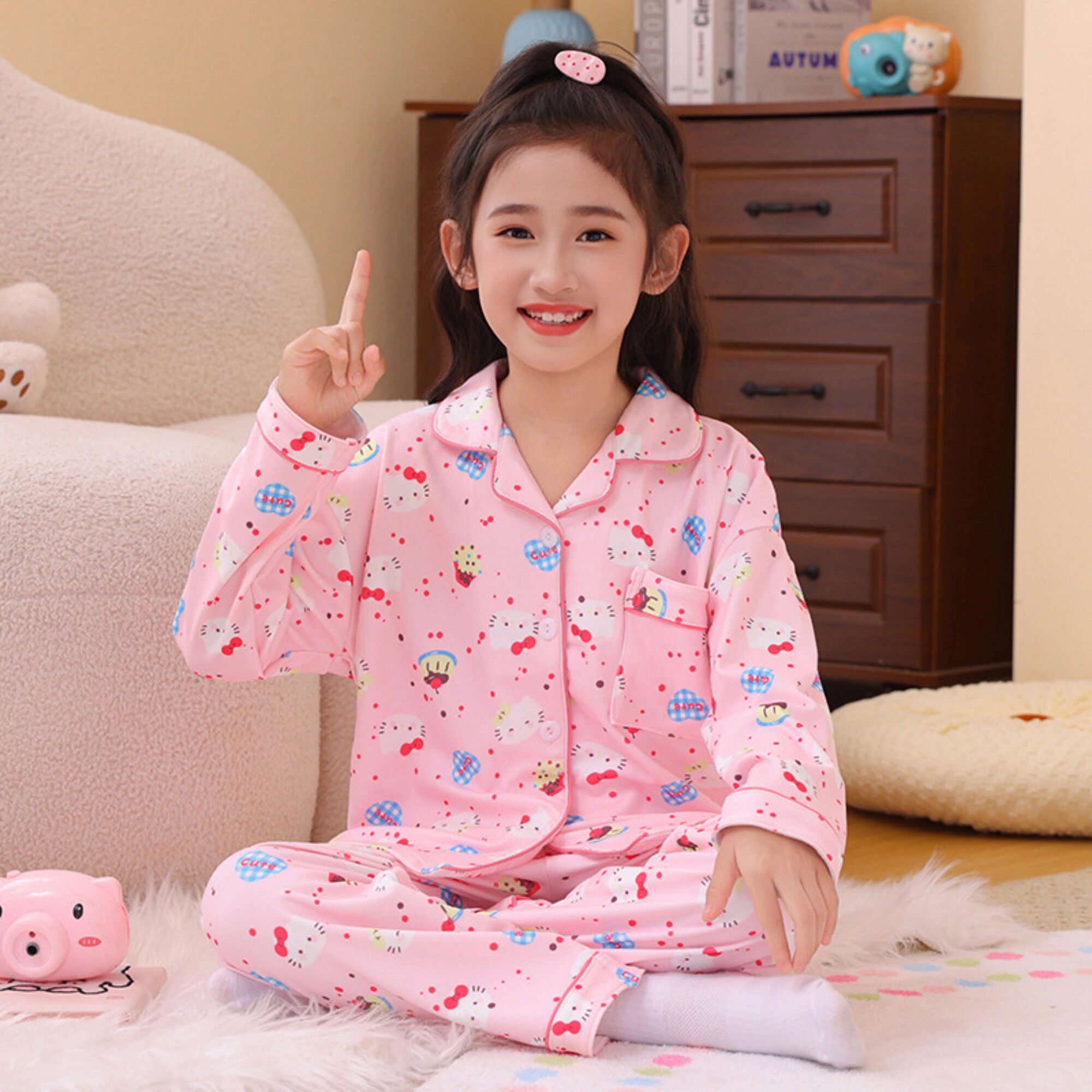 儿童睡衣女孩秋冬款德绒小孩十二岁冬季桃心加绒女童空调服可爱款