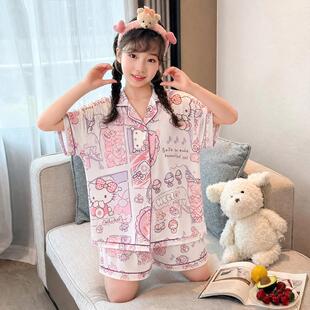 睡衣夏季女孩潮六空调新款儿童套装冰丝女童薄款初中生春装加大码