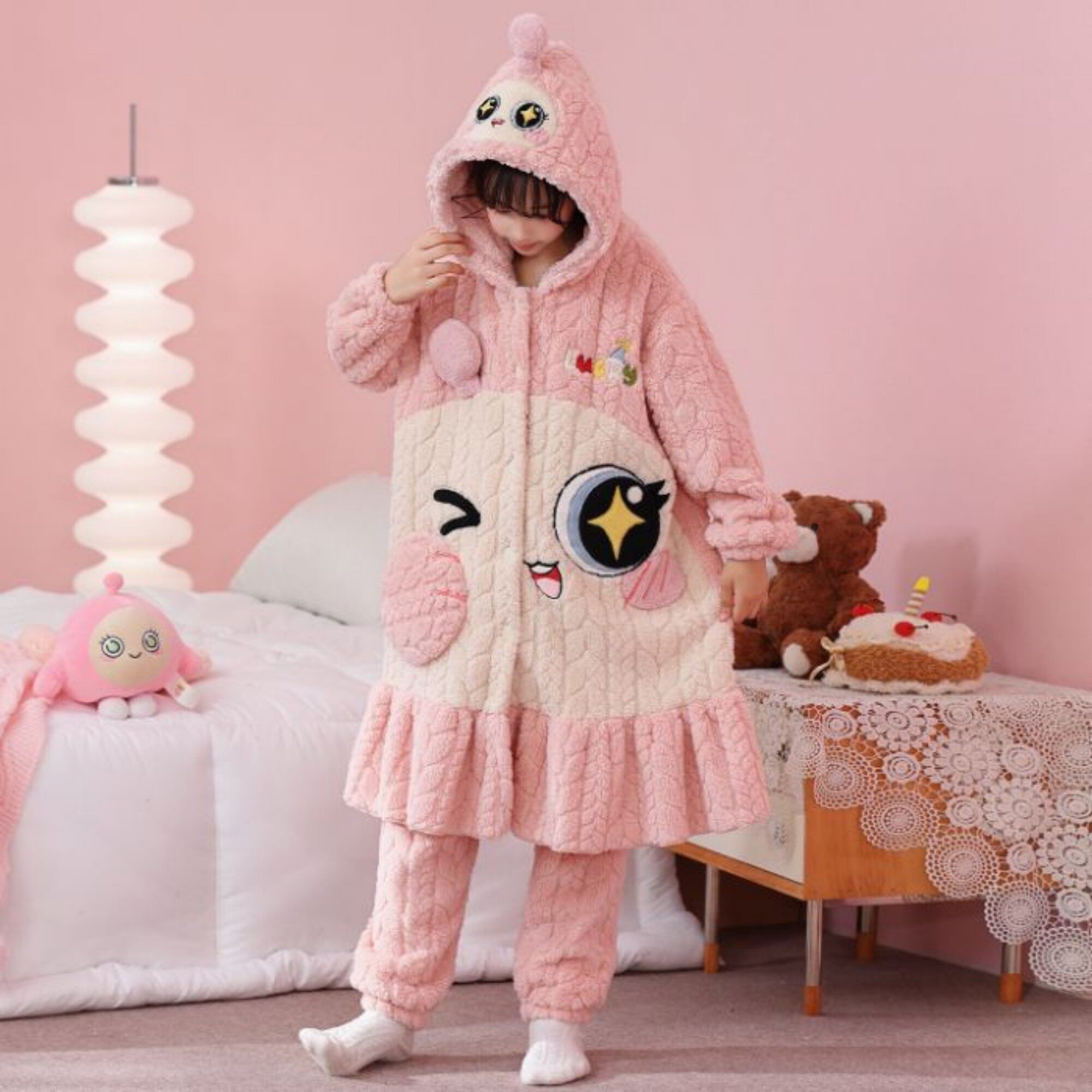 儿童睡衣女童十卡通动漫加绒珊瑚绒加厚冬季女孩空调服秋冬款粉猫