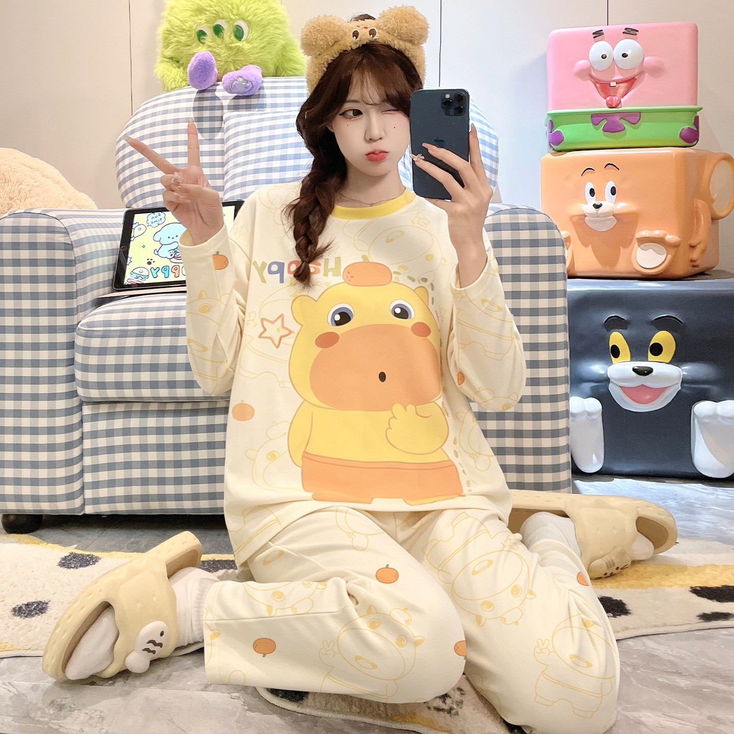 儿童睡衣女孩纯棉长袖春秋季女童冬天小黑猫图案空调服中童休息服