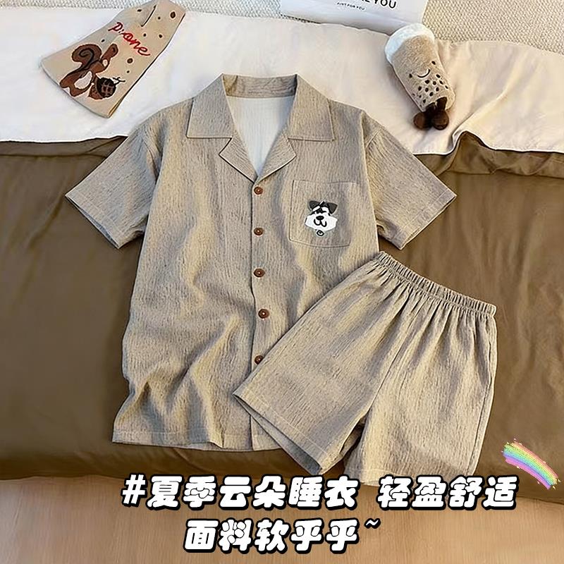 男童睡衣夏季薄款云朵棉短袖宝宝男裤子纽扣儿童男孩卡通高中十三