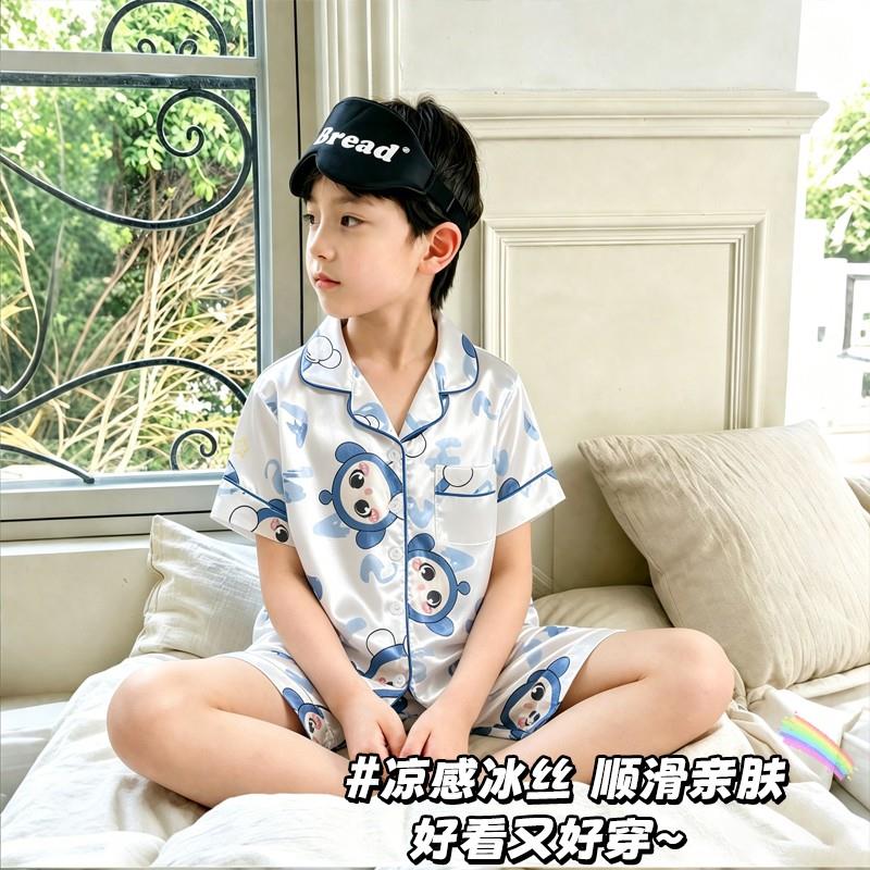 睡衣夏季男孩加大码小朋友空调服韩版两兄弟薄款猫咪男童冰丝儿童