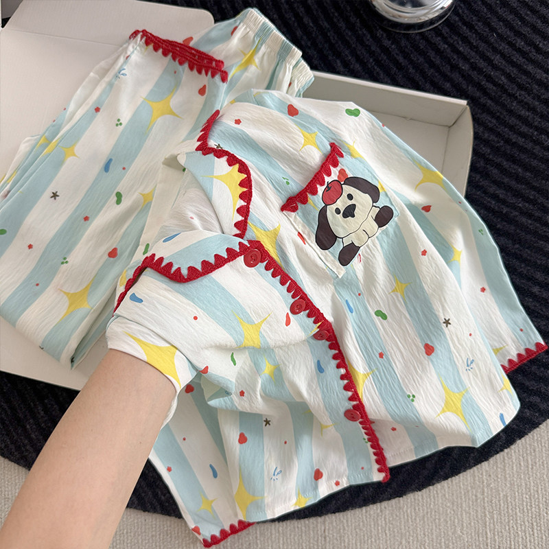 睡衣女孩春秋季长袖云朵棉姐弟五岁空调服冬天花朵款中童开衫儿童