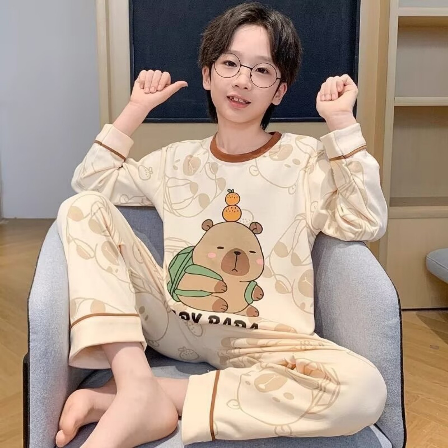 睡衣男孩春秋季长袖可爱款五岁可爱动漫图案空调服冬天十五岁儿童