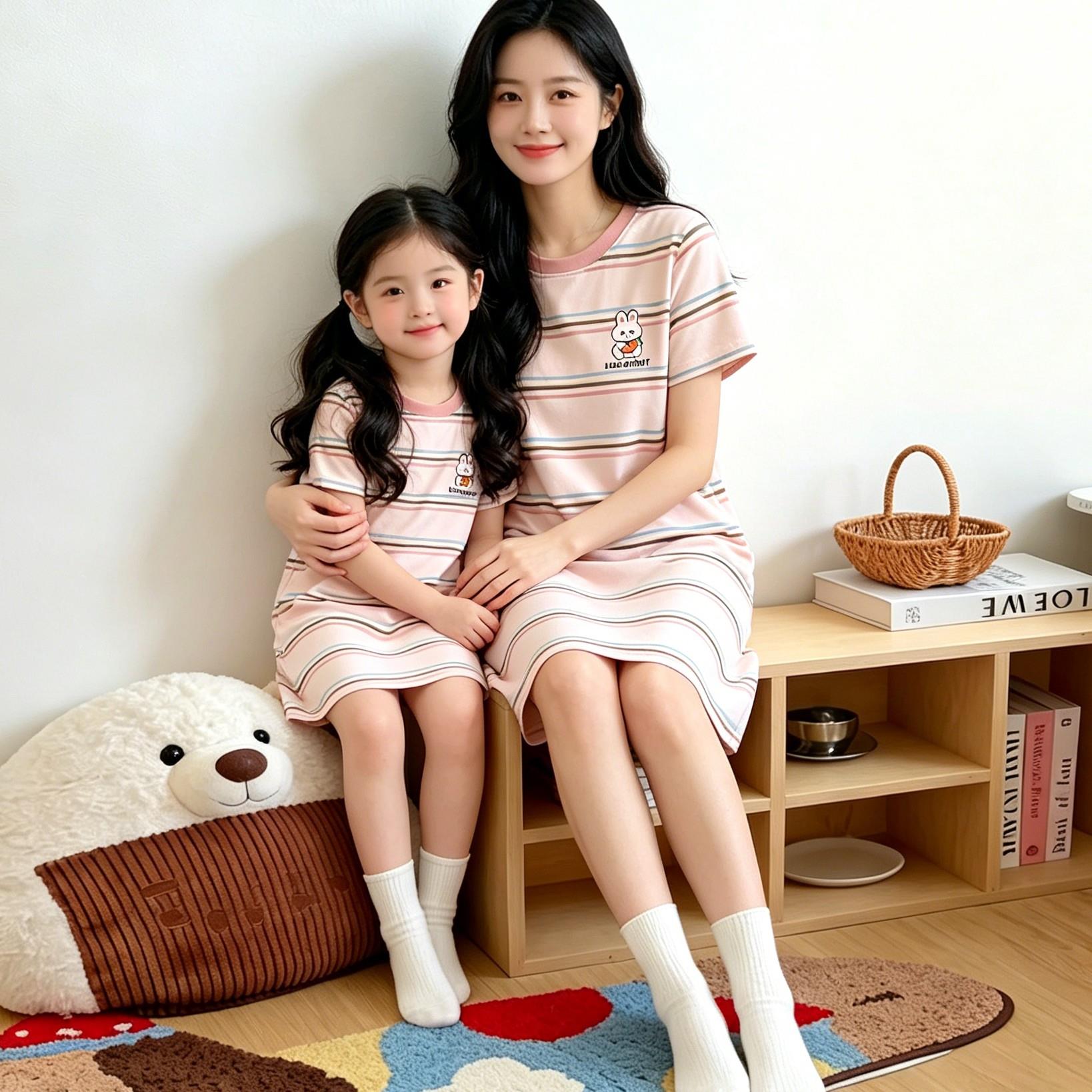 女童睡裙夏季薄款纯棉两姐姐七岁亲子睡衣小兔子母女儿童女孩休闲