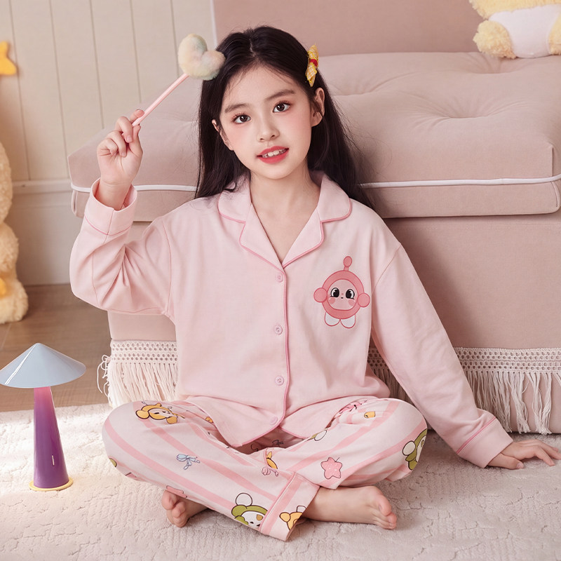 女孩春秋季纯棉长袖卡通图案衣服居家女童格子冬天加大码儿童睡衣