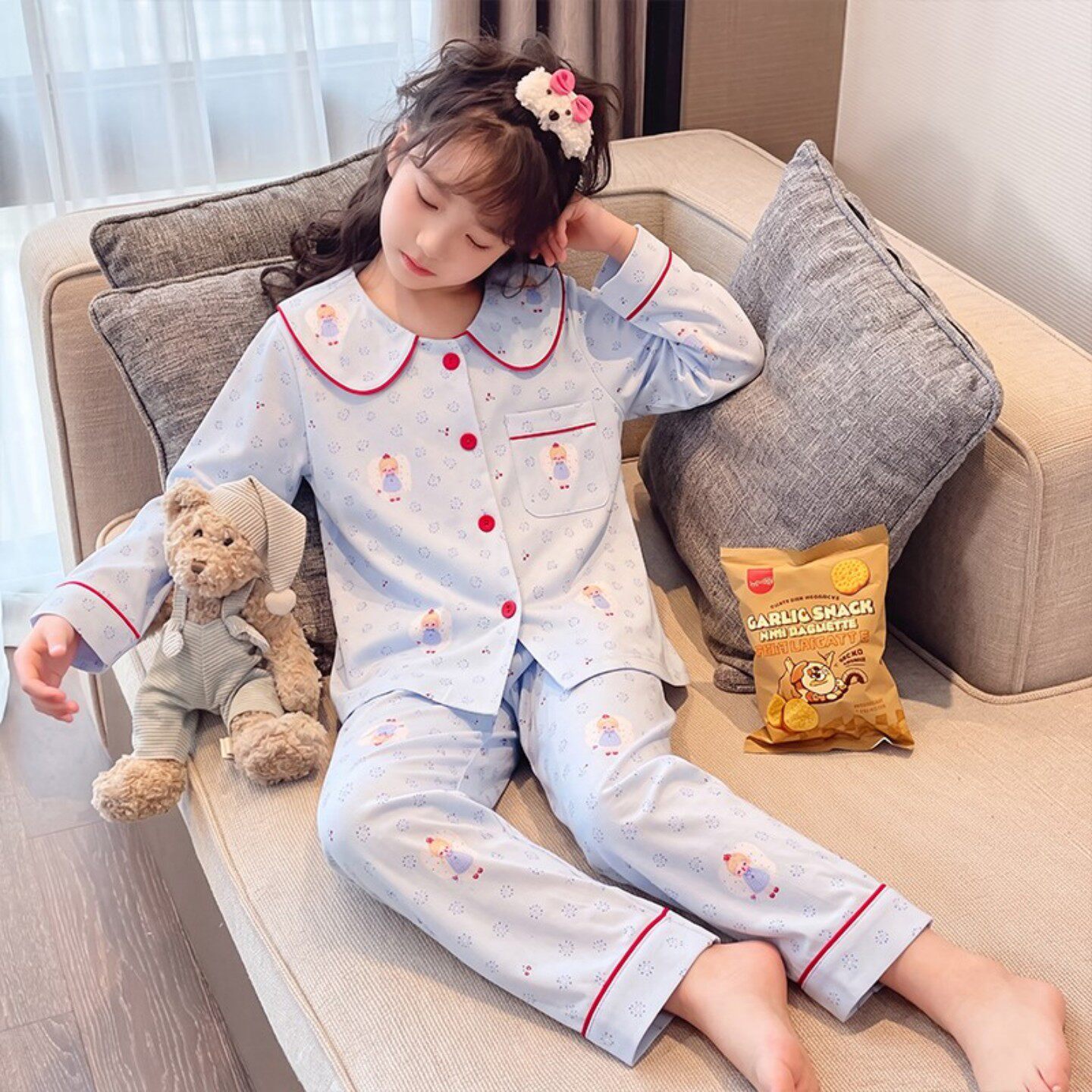 睡衣女孩春秋季长袖云朵棉大星星粉色米白色空调服冬天生日狗儿童