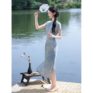 优 蓝色连衣裙新中式 进口绝美改良国风旗袍夏季 2025少女夏年轻款