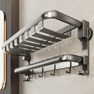 进口免打孔网篮吸盘浴巾架壁挂浴室多功能毛巾架双层折叠卫生间