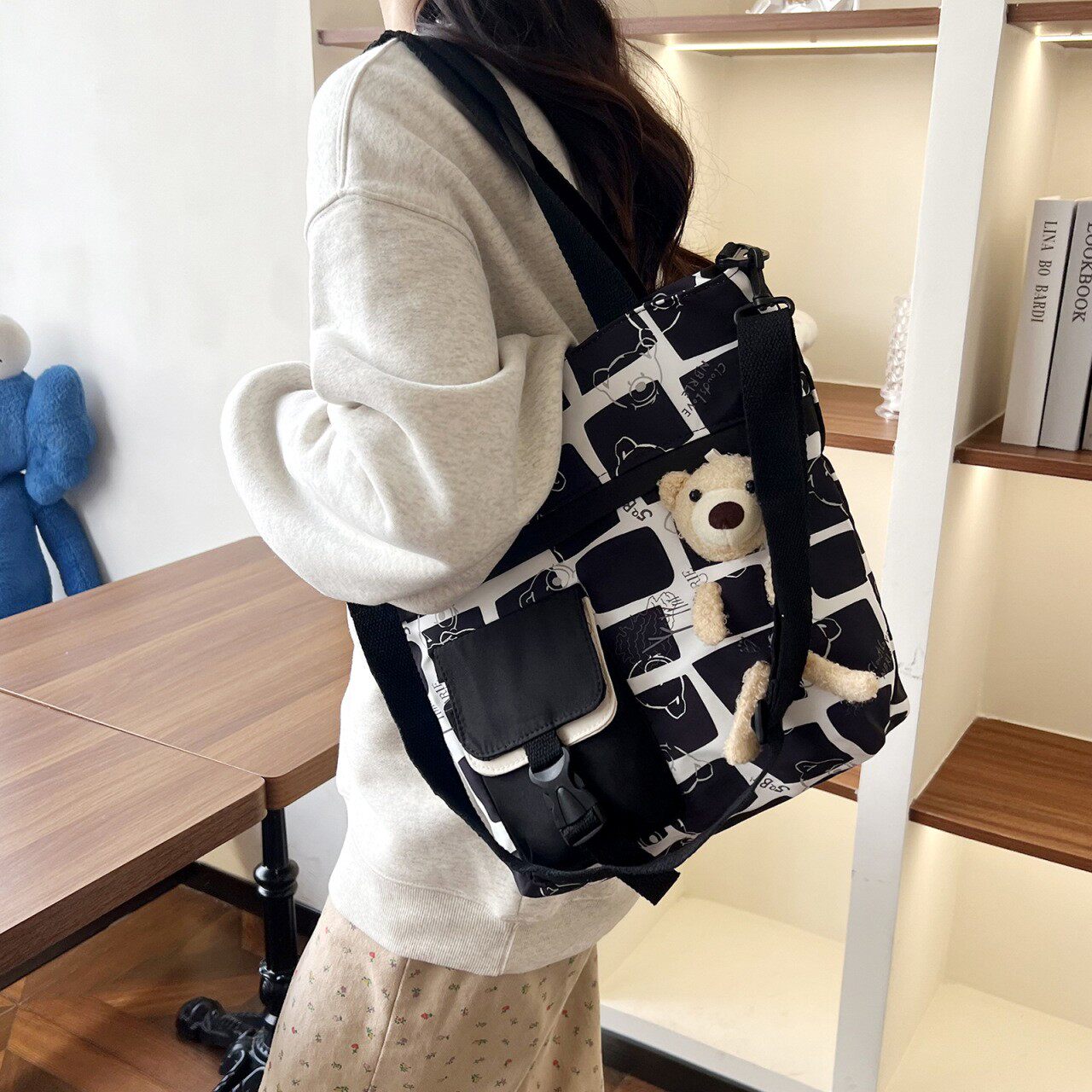 进口可爱大容量补课包女简约尼龙手提补习袋初中小学生斜挎包