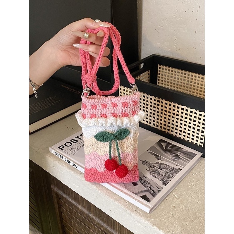 进口bag手机包编制毛线成品可爱樱桃女包包单肩手提一件代发,箱包皮具/热销女包/男包,手机包,淘宝优惠券,粉丝福利购,淘宝优惠卷
