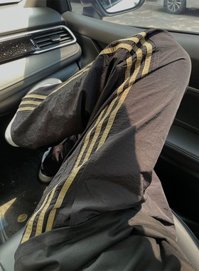 07qwer黑色条纹裤子男夏季薄款美式运动休闲裤直筒垂感速干