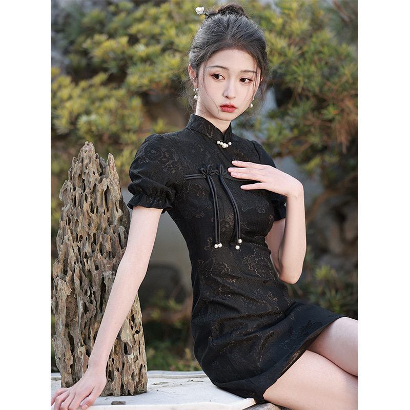 进口黑色旗袍2025夏季年轻款少女改良新中式小个子连衣裙蕾丝短