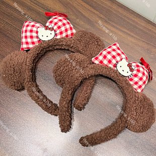 进口秋冬可爱棕色毛绒蝴蝶结发箍小熊耳朵女洗脸束发带卡通发饰