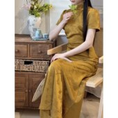 进口新中式 连衣裙日 黄色旗袍2025夏季 高端复古改良收腰显瘦长款