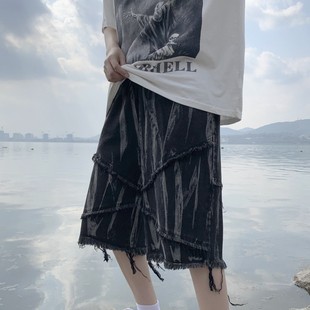 进口oldschool美式 子高街男暗黑风拼接毛边古着vintage牛 扎染裤