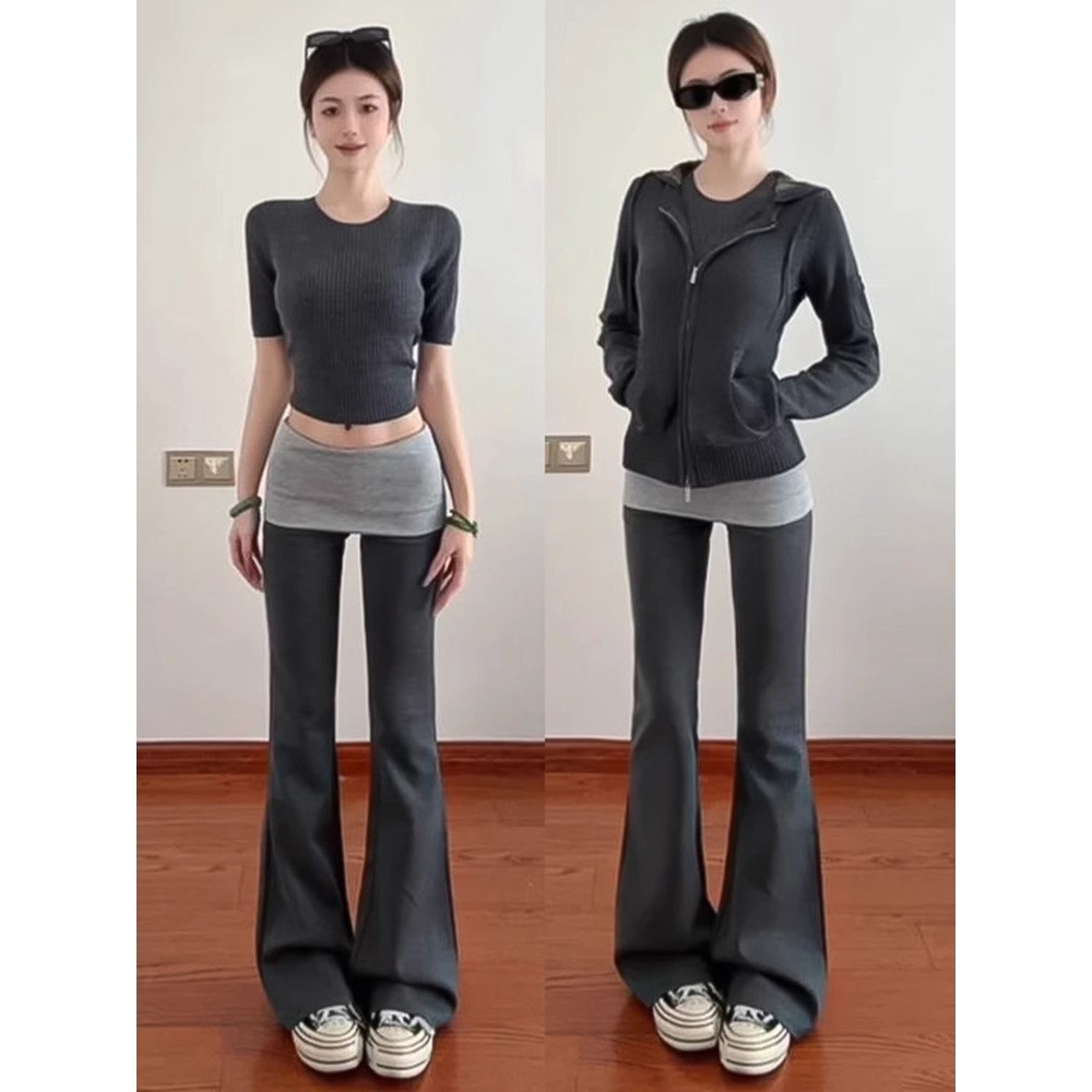 进口灰色拼接假两件喇叭裤女春秋2025高腰垂感休闲显瘦运动瑜伽