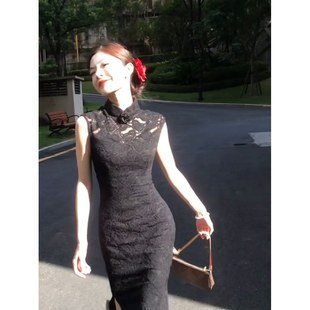 进口性感黑色蕾丝立领开叉连衣裙女夏季 气质女神范收腰显瘦长裙