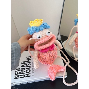 进口卡通男女童丑萌搞怪大嘴娃娃美人鱼女包包成品手工钩织bag