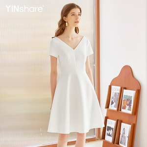 映想社交女春季白色V领短袖女气质显瘦高腰连衣裙