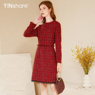气质女花呢连衣裙 酒红色长袖 映想社交女装 秋冬季