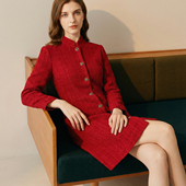 红色年会长袖 映想秋冬季 新中式 气质女花呢长连衣裙外套