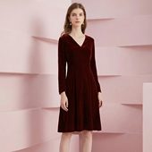 特价 199 映想气质年会春秋季 丝绒礼服连衣裙长袖 红色小红裙